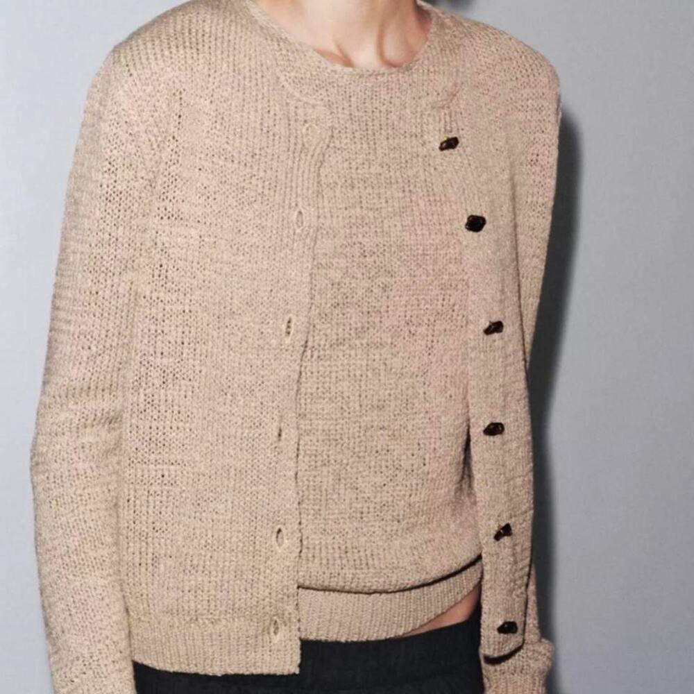 Zara Beige Knit Cardigan with Black Detailed Buttons size L